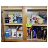 TWO SHELVES OF MISC WATER BOTTLES AND COFFEE CUPS