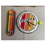GROUP OF METAL TOYOTA SIGNS, CLOCK 15 IN DIAMETER,