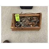 WOODEN TOOL BOX WITH ASSORTED HINGES