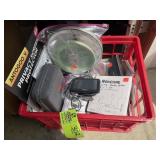 MILK CRATE WITH ASSORTED ITEMS, SCREEN PROTECTORS,