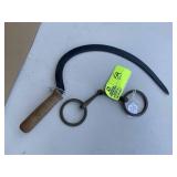 GROUP INCLUDING BRASS HORSE BIT AND WOODEN HANDLE