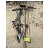 GROUP OF PICK AXES, ANCHORS, ETC