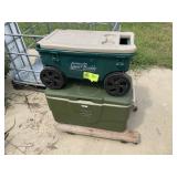 GREEN COLEMAN COOLER AND AMES LAWN BUDDY CART