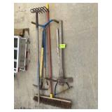 GROUP OF YARD TOOLS, SLING BLADE, RAKE, BROOM, ETC
