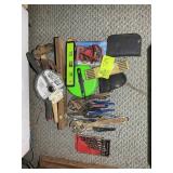 GROUP OF MISC HAND TOOLS, WRENCHES, TAPE MEASURE,
