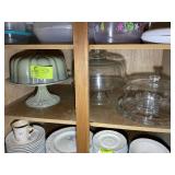 SHELF WITH COVERED CAKE DISHES, GLASS AND METAL