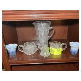 GROUP OF CLEAR GLASS SERVING DISHES, PITCHER, CREA