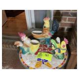 THIRD SHELF LEFT SIDE, CERAMIC STYLE CHICKENS, 6.5
