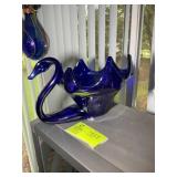 HAND BLOWN GLASS SWAN BOWL, BLUE, 12 IN X 7.5 IN