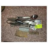 GROUP OF SERVING UTENSILS AND VINTAGE MEAT CLEAVER