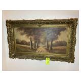 FRAMED OIL ON CANVAS, PATH LINED WITH TREES, 39.5