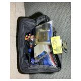 TOOL BAG WITH MISC TOOLS, RATCHET STRAPS, TAPE MEA
