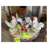 BOTTOM  SHELF LEFT SIDE, DECORATIVE CHICKEN FIGURI
