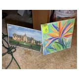 GROUP INCLUDING HAND PAINTED FLOWER ON CANVAS AND