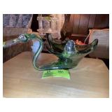 HAND BLOWN GLASS SWAN, GREEN, 14.5 IN X 6 IN