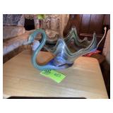 HAND BLOWN GLASS SWAN, GREEN, BLUE, MULTI, 12 IN X