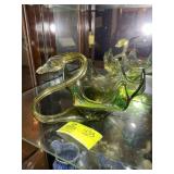 HAND BLOWN GLASS SWAN BOWL, GREEN AND YELLOW, 11 I
