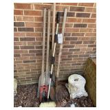 GROUP OF YARD TOOLS, POST HOLE DIGGER RAKE SHOVELS