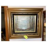 FRAMED AND MATTED OIL ON CANVAS, LAKE AND MOUNTAIN