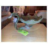 HAND BLOWN GLASS SWAN, GREEN, 13 IN X 6.5 IN