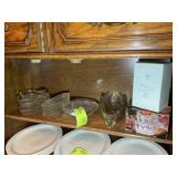 SHELF WITH MISC CLEAR GLASS SERVING DISHES, LEAF S
