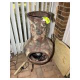 LARGE CLAY CHIMINEA ON METAL STAND, 36 IN TALL