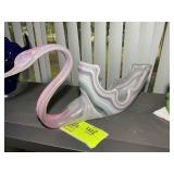HAND BLOWN GLASS SWAN BOWL, PINK GRAY SWIRL, 16 IN
