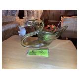 HAND BLOWN GLASS SWAN, GREEN AND BROWN, 12 IN X 6.