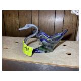 HAND BLOWN GLASS SWAN, GREEN AND BLUE, 12 IN X 7 I