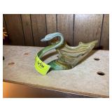 HAND BLOWN GLASS SWAN, GREEN AND BROWN, 13 IN X 6.