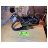 HAND BLOWN GLASS SWAN, BLUE AND BROWN, 12 IN X 7 I