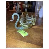 HAND BLOWN GLASS SWAN BOWL, YELLOW SWIRL, 10 IN X