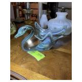 HAND BLOWN GLASS SWAN BOWL, BLUE, 13 IN X 7 IN
