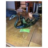 HAND BLOWN GLASS SWAN BOWL, BLUE AND GREEN, 16 IN