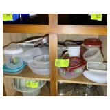 SHELF WITH MISC PLASTIC STORAGE CONTAINERS