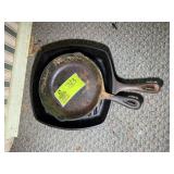PAIR OF CAST IRON FRYING PANS, ONE MARKED LODGE