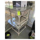 PAIR OF GLASS TOP WICKER STYLE SIDE TABLES, 25.5 I