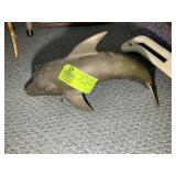 BRASS COLOR DOLPHIN STATUE, 17.5 IN X 9 IN