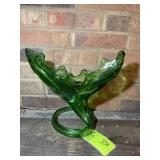 HAND BLOWN GLASS VASE, GREEN, 12 IN X 10.5 IN