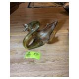 HAND BLOWN GLASS SWAN BOWL, ORANGE AND GREEN SWIRL