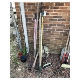 GROUP OF YARD TOOLS, SHOVELS PICKAX, RAKE