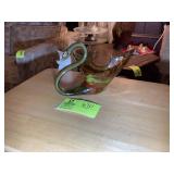 HAND BLOWN GLASS SWAN, ORANGE AND GREEN, 9 IN X 5.