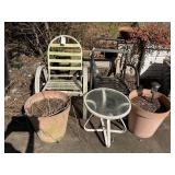 GROUP OF MEDAL FRAME, PATIO CHAIRS, SIDE TABLE, AN