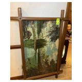WOOD FRAMED MOUNTAIN RIVER SCENE, 54.5 IN X 37 IN