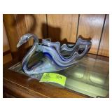 HAND BLOWN GLASS SWAN BOWL, BLUE GREEN AND ORANGE,