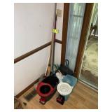 GROUP OF BROOMS, MOPS, DUST PAN, MOP BUCKETS
