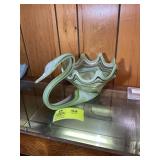 HAND BLOWN GLASS SWAN BOWL, GREEN SWIRL, 12 IN X 7