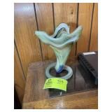 HAND BLOWN GLASS VASE, GREEN, BLUE, BROWN, 10 IN T