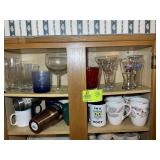 TOP TWO SHELVES OF CABINET, ASSORTED MUGS, DRINKIN