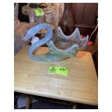 HAND BLOWN GLASS SWAN, GREEN AND ORANGE, 13 IN X 8
